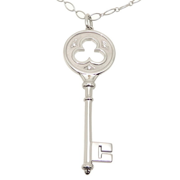 TIFFANY 750WG Clover Key Diamond Ladies Necklace 750 White Gold - Picture 4 of 8